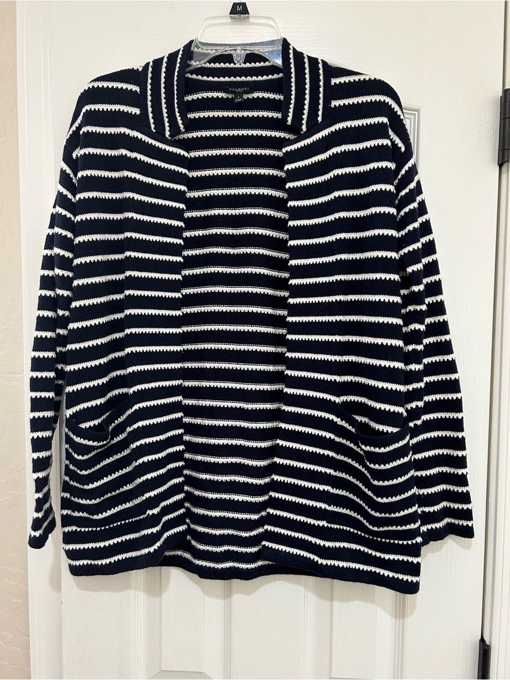 Talbots Navy and White Striped Open-Front Cardigan with Front Patch Pockets